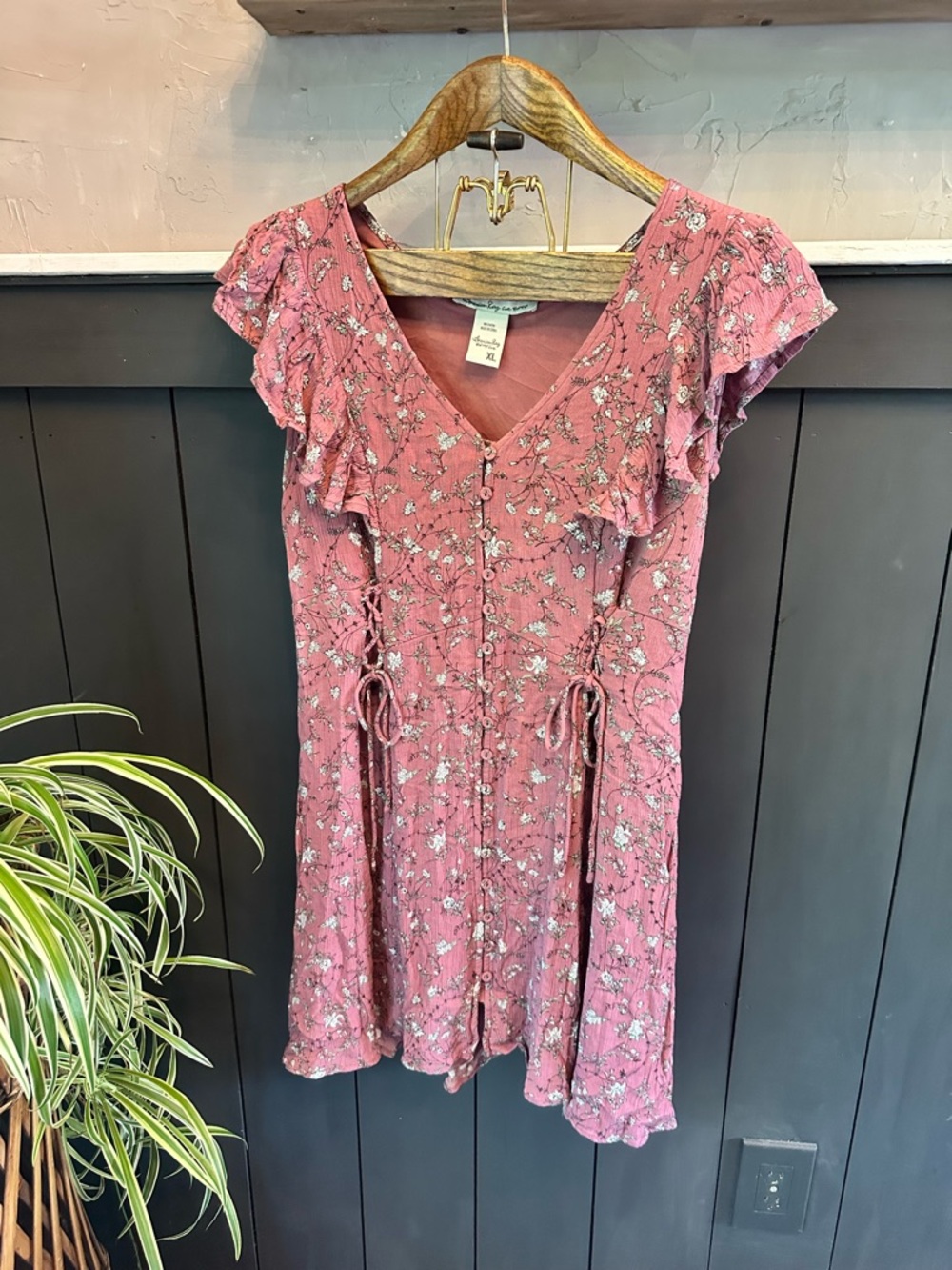 American Rag Mauve Purple Rose Floral Skater Tie Ruffle Dress size XL